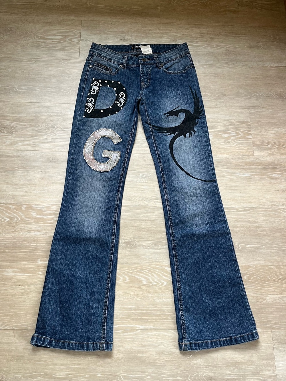 Dolce & Gabbana Dark Blue Flare Jeans with Dragon Graphic and D&G Appliqués